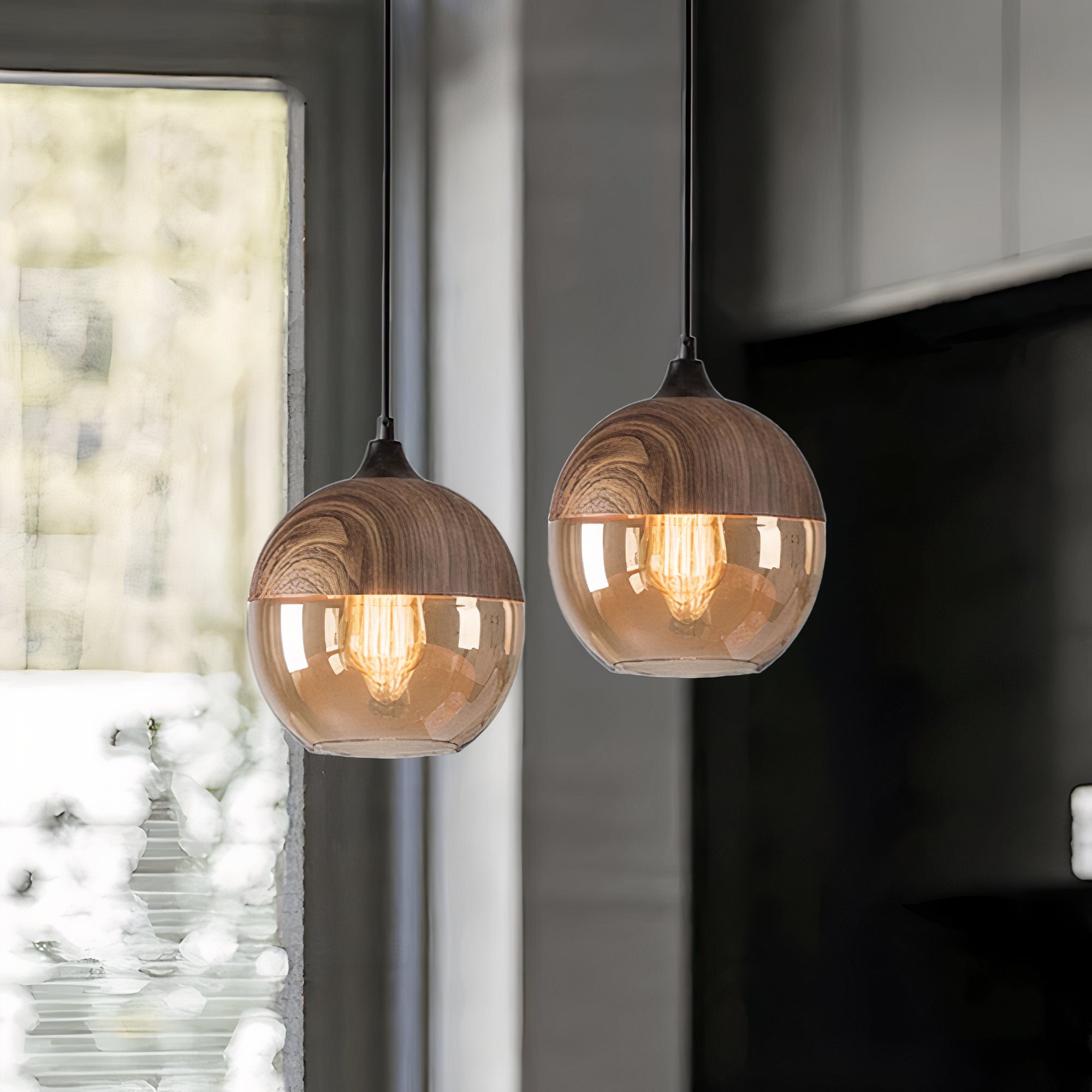 Holz Pendelleuchte Glas farbig, Moderne Hängelampe