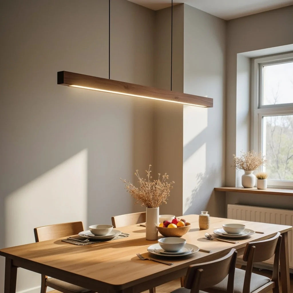 LED Hängelampe Esstisch Holzoptik, Lineare Pendelleuchte Dimmbar 120/150/180 cm
