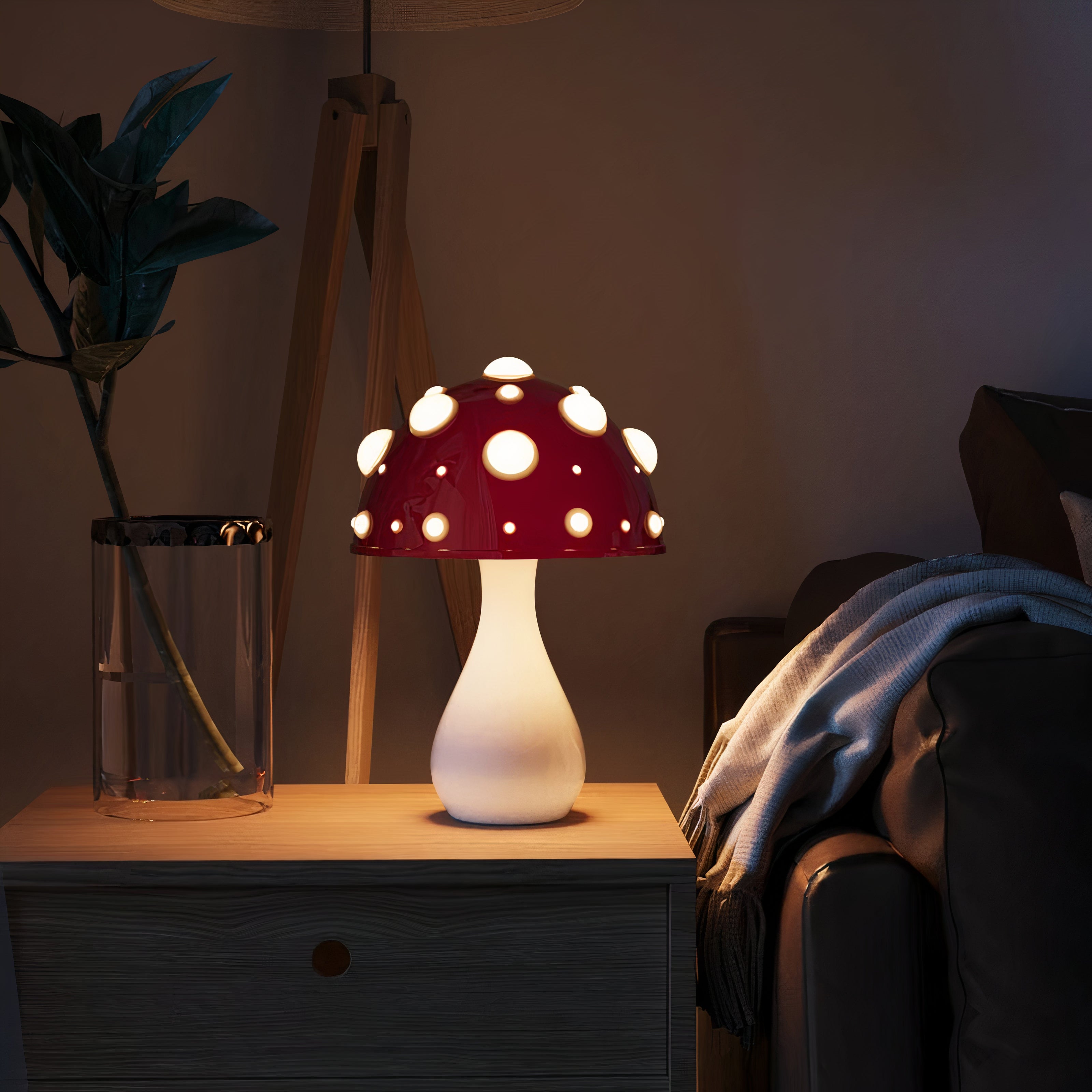 Pilz Tischlampe LED dimmbar, Kabellose Tischleuchte modern