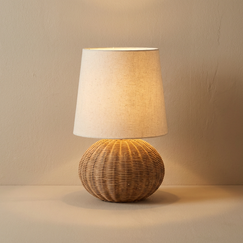 Rattan Tischlampe Handgefertigt, Wabi Sabi Design mit Stoffschirm E27