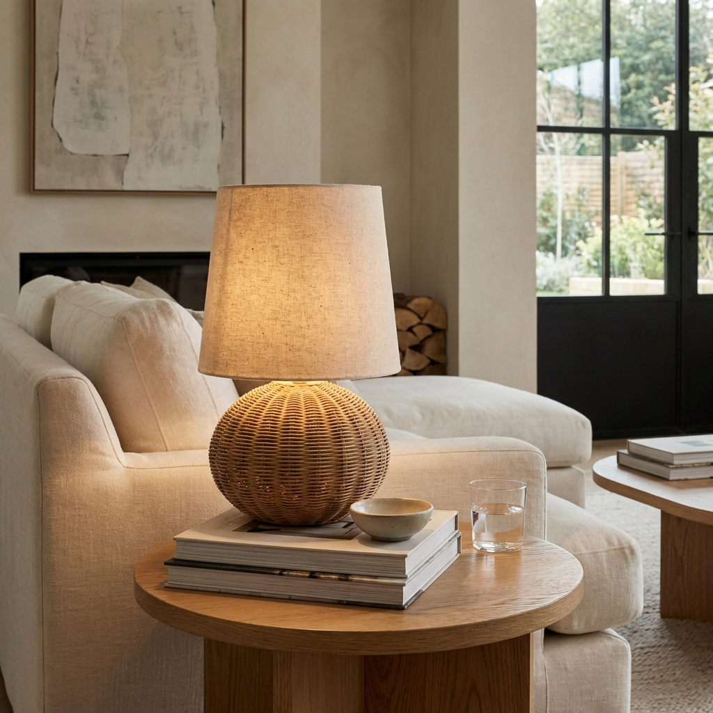 Rattan Tischlampe Handgefertigt, Wabi Sabi Design mit Stoffschirm E27