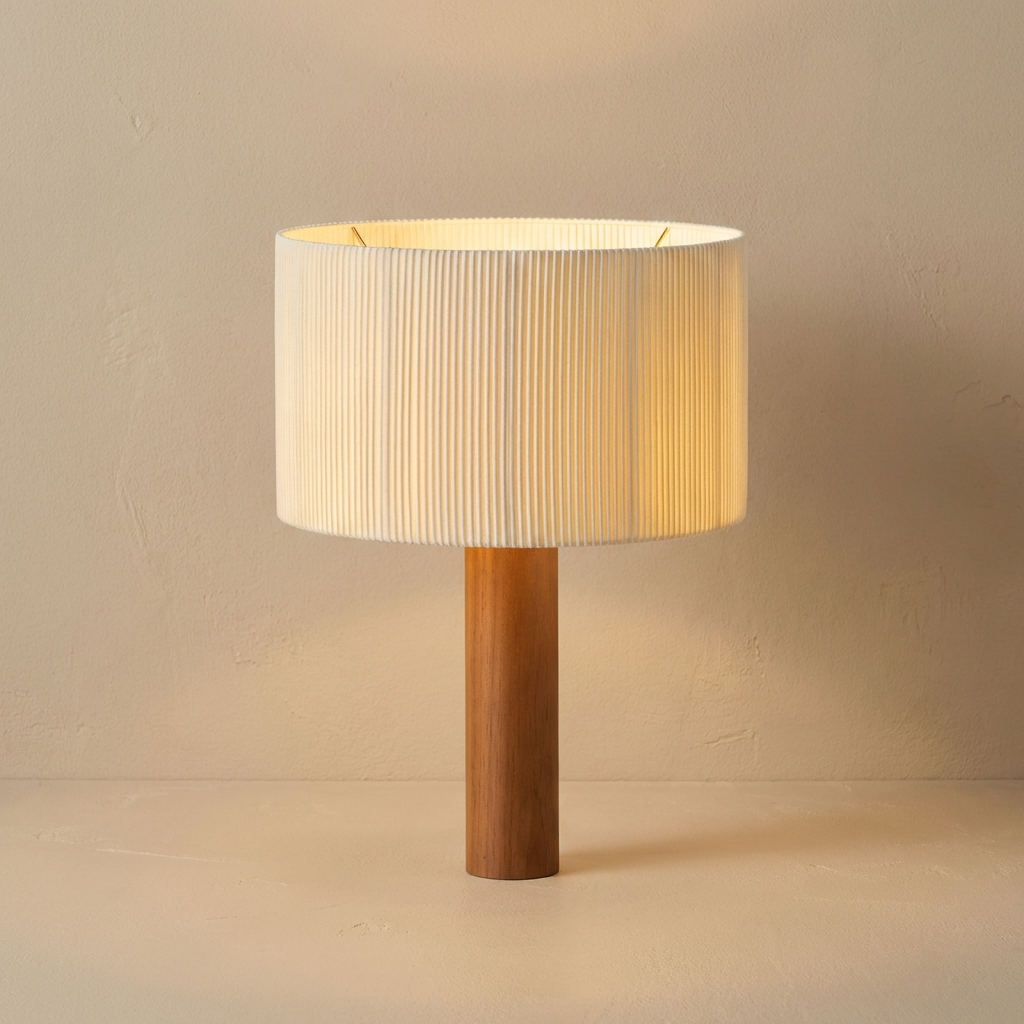 Wabi Sabi Tischlampe Massivholz, Japandi Design Stoffschirm Warmweiß