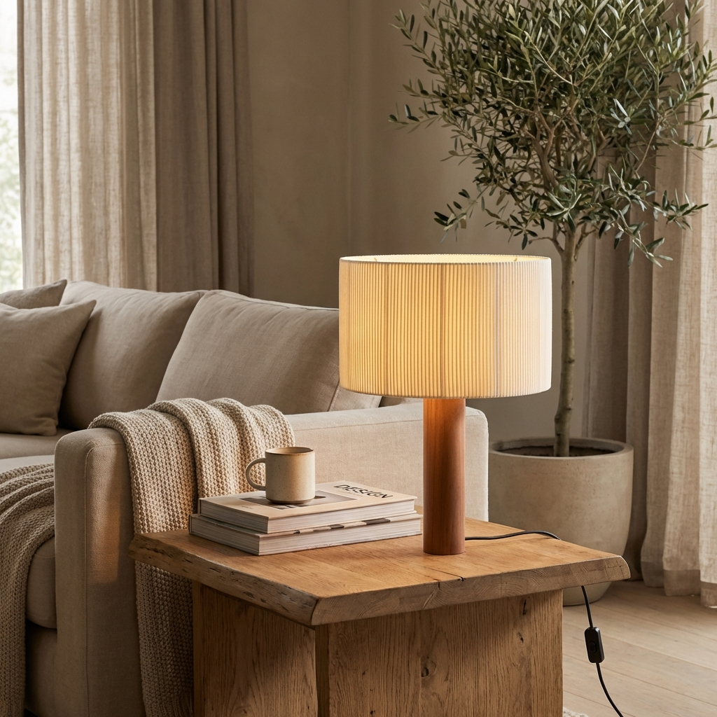 Wabi Sabi Tischlampe Massivholz, Japandi Design Stoffschirm Warmweiß