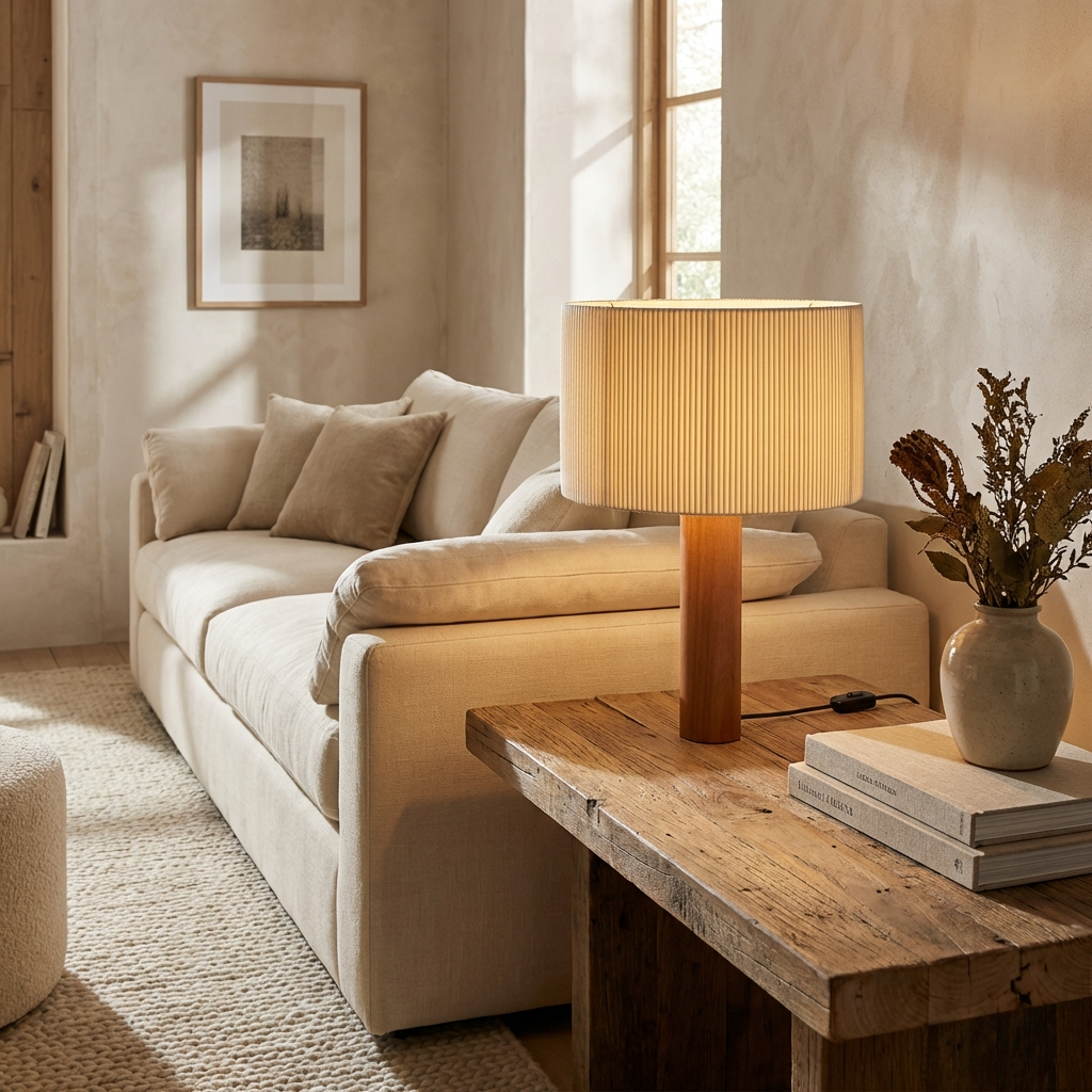 Wabi Sabi Tischlampe Massivholz, Japandi Design Stoffschirm Warmweiß