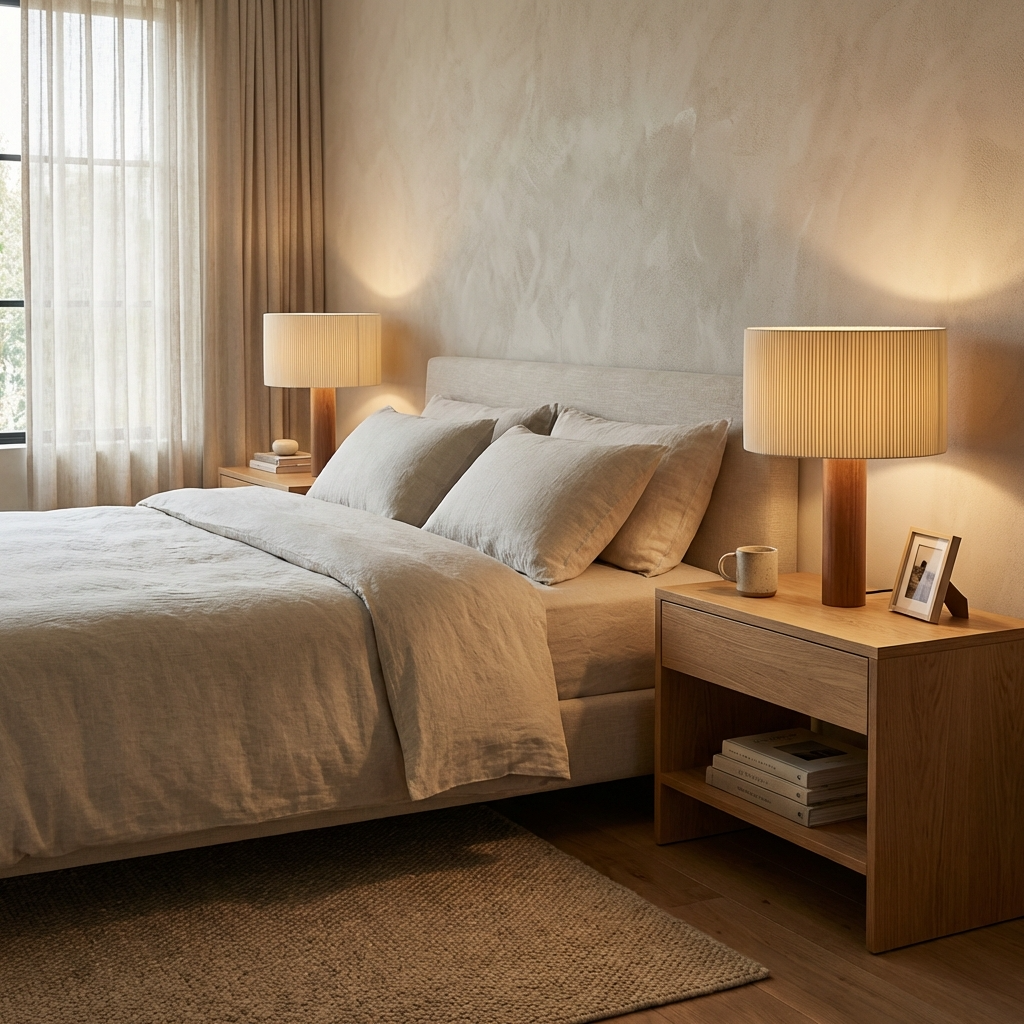 Wabi Sabi Tischlampe Massivholz, Japandi Design Stoffschirm Warmweiß