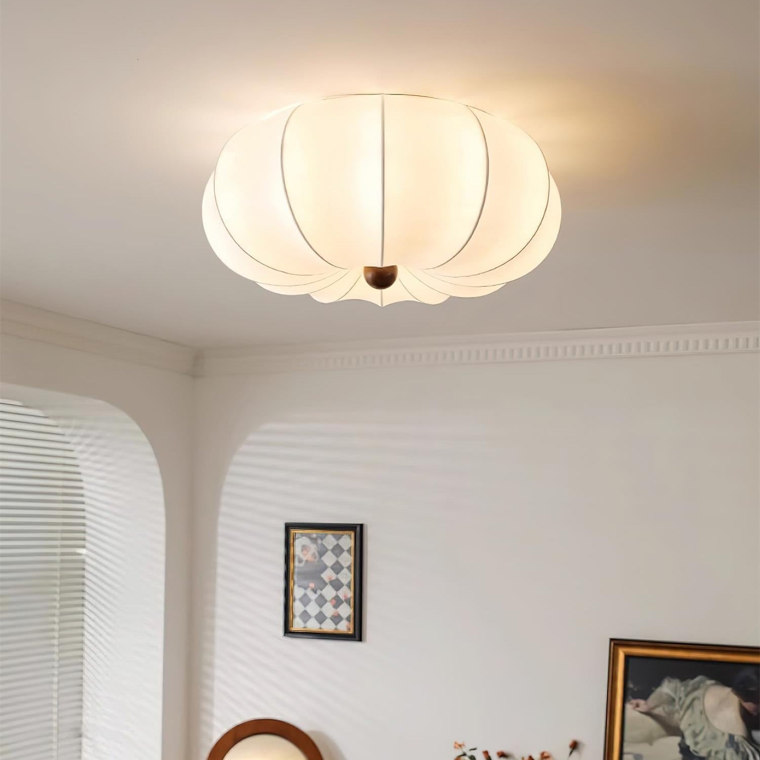 Deckenleuchte Stoff Blumenform Holzakzent, Moderne Deckenlampe Dimmbar E27