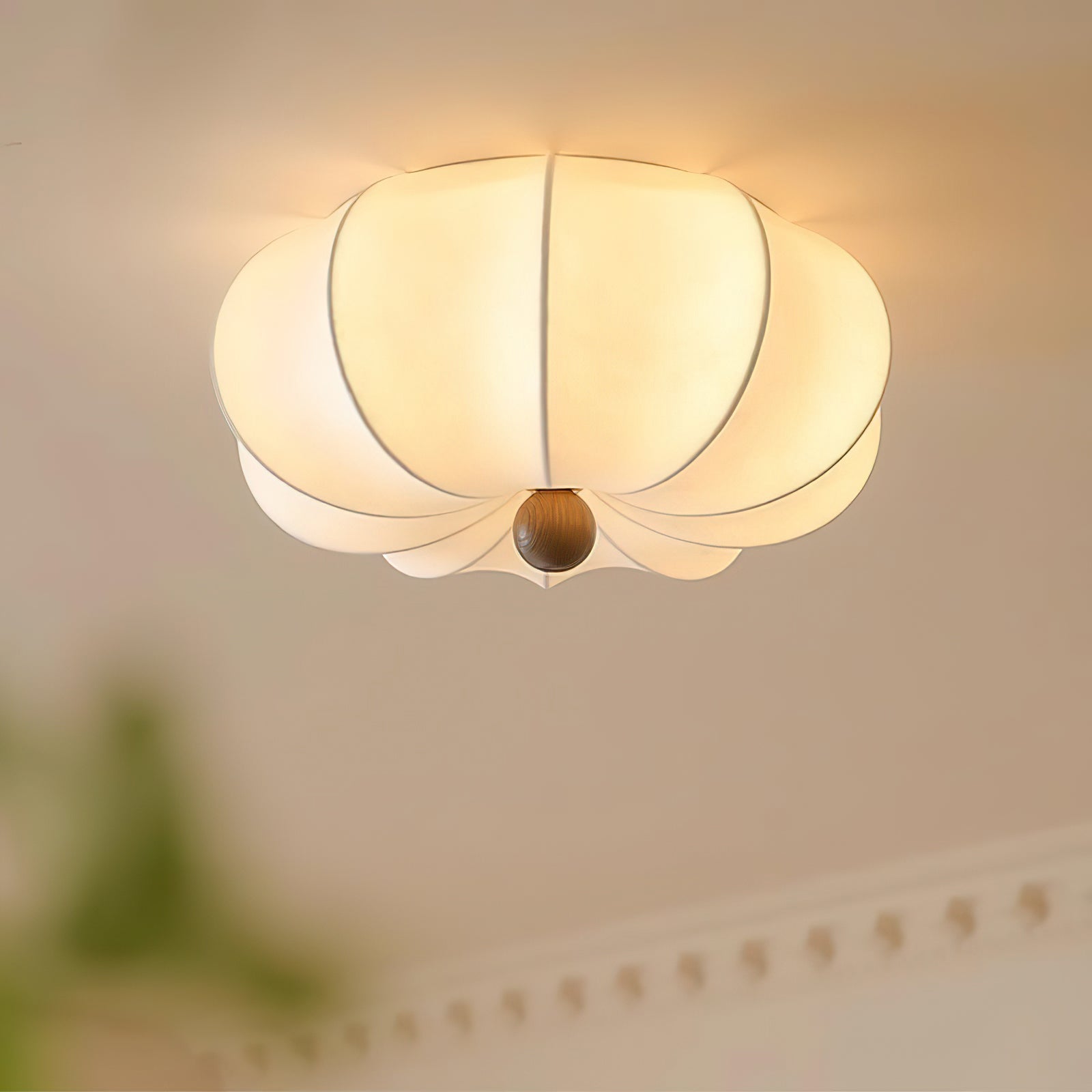 Deckenleuchte Stoff Blumenform Holzakzent, Moderne Deckenlampe Dimmbar E27