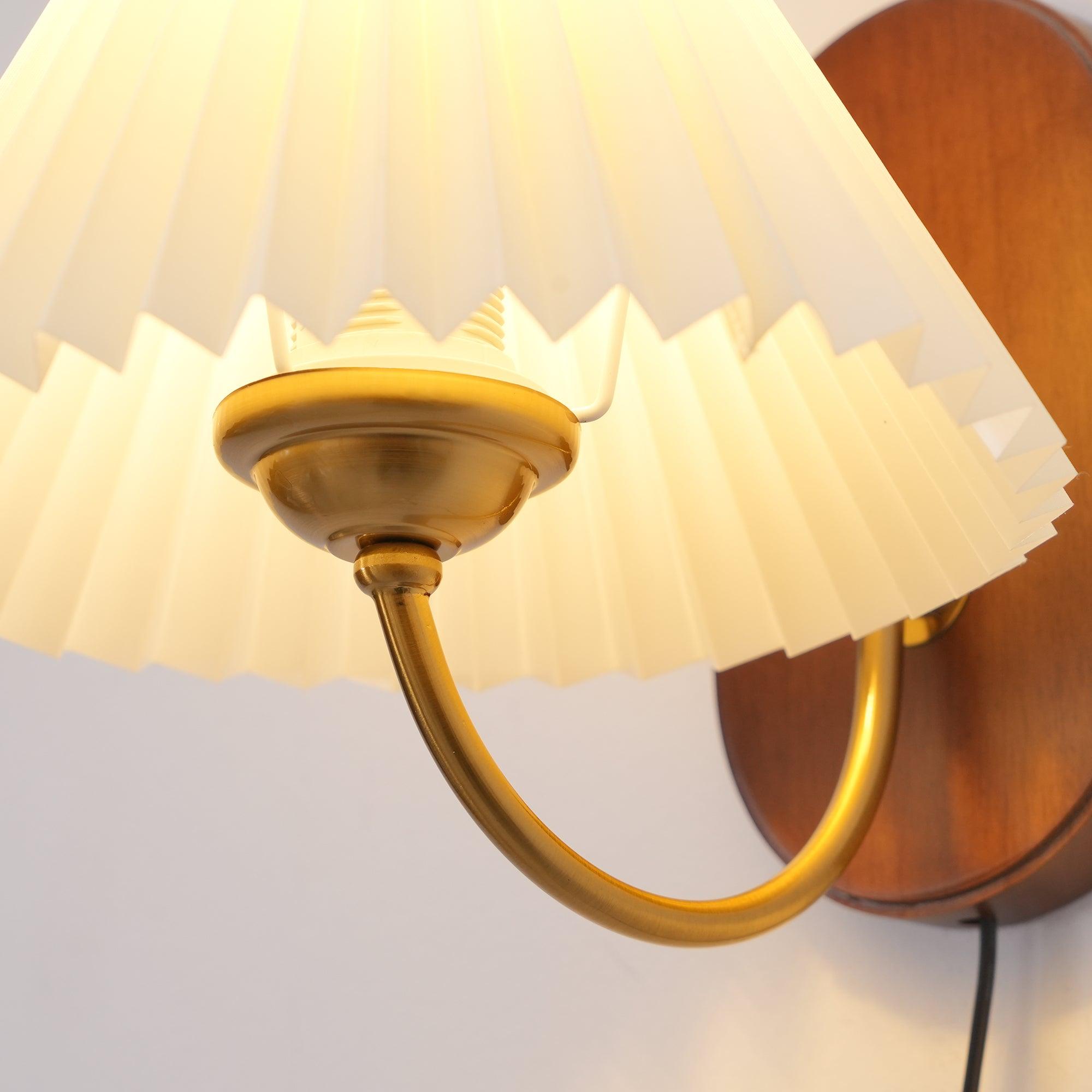 Wandleuchte Stoff Plissee Eschenholz, Vintage Dimmbar Plug In E27