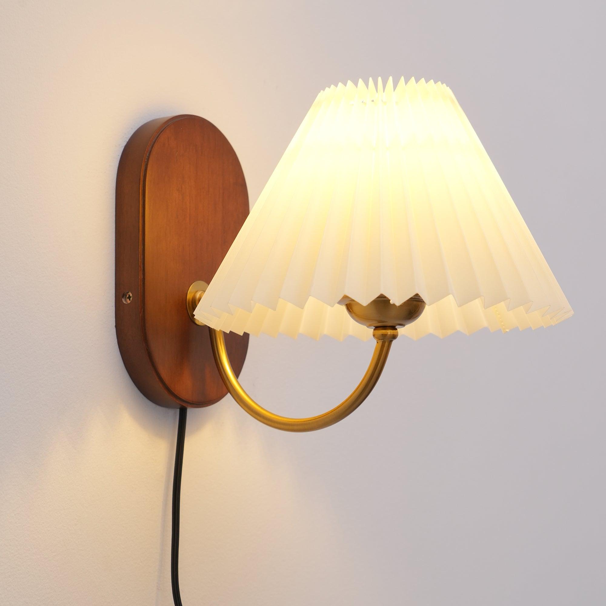Wandleuchte Stoff Plissee Eschenholz, Vintage Dimmbar Plug In E27
