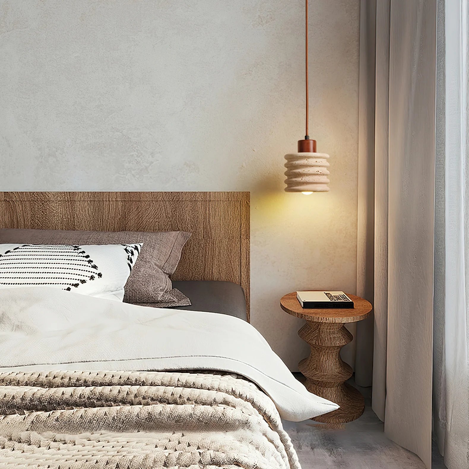 Travertin Hängelampe Klein Ø12 cm, Pendelleuchte Stein & Holz Beige