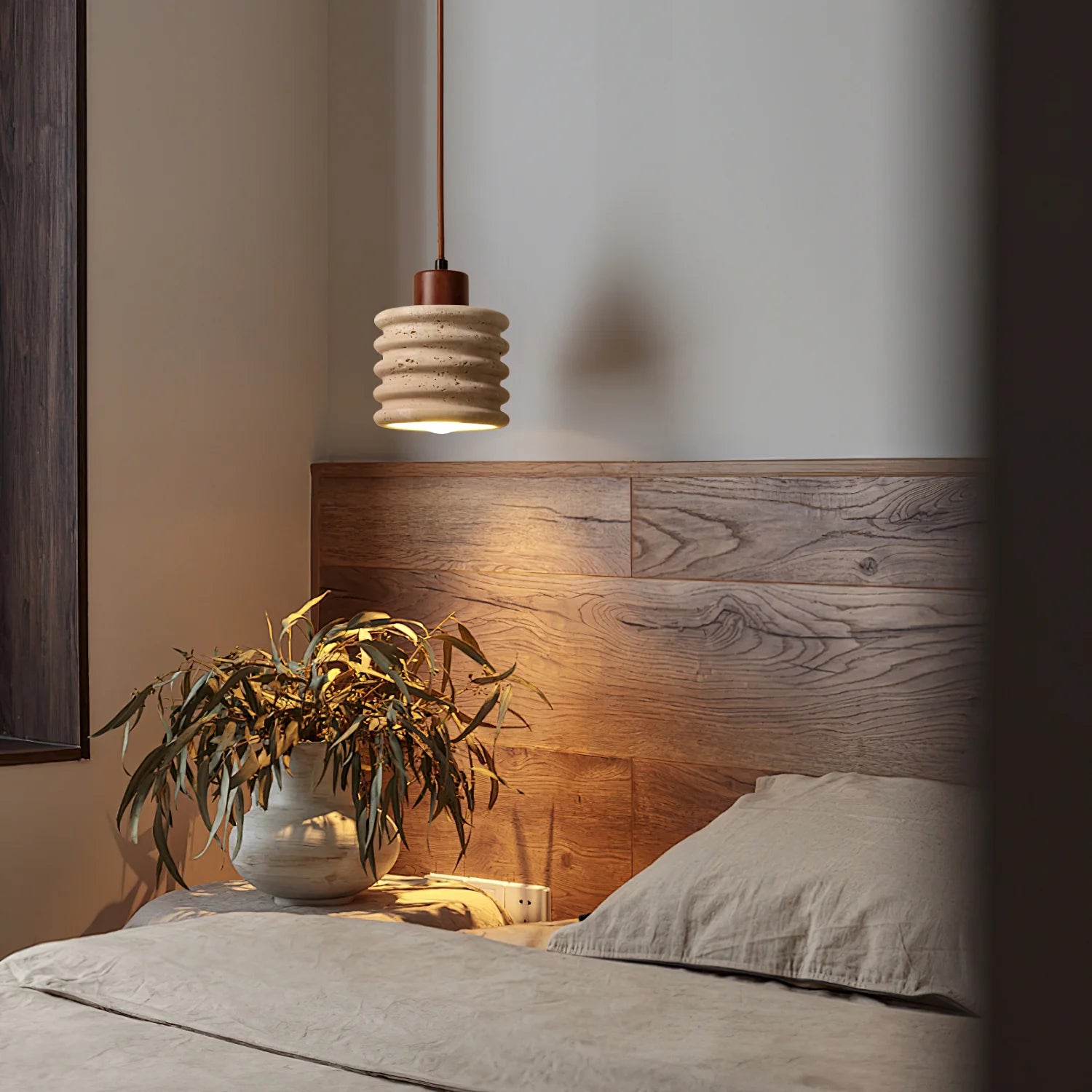 Travertin Hängelampe Klein Ø12 cm, Pendelleuchte Stein & Holz Beige