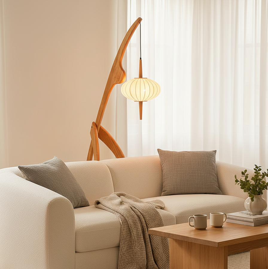 Stehlampe Stoff Holz Rund, Design Stehleuchte Skandinavisch E27