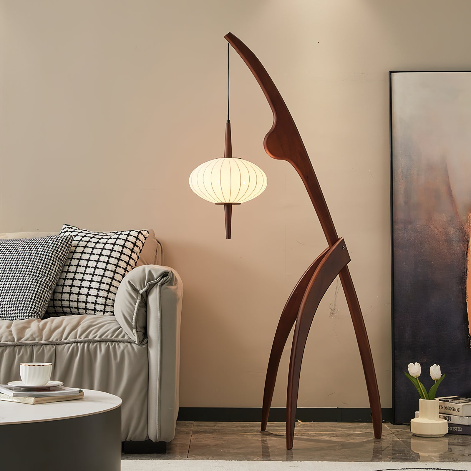 Stehlampe Stoff Holz Rund, Design Stehleuchte Skandinavisch E27