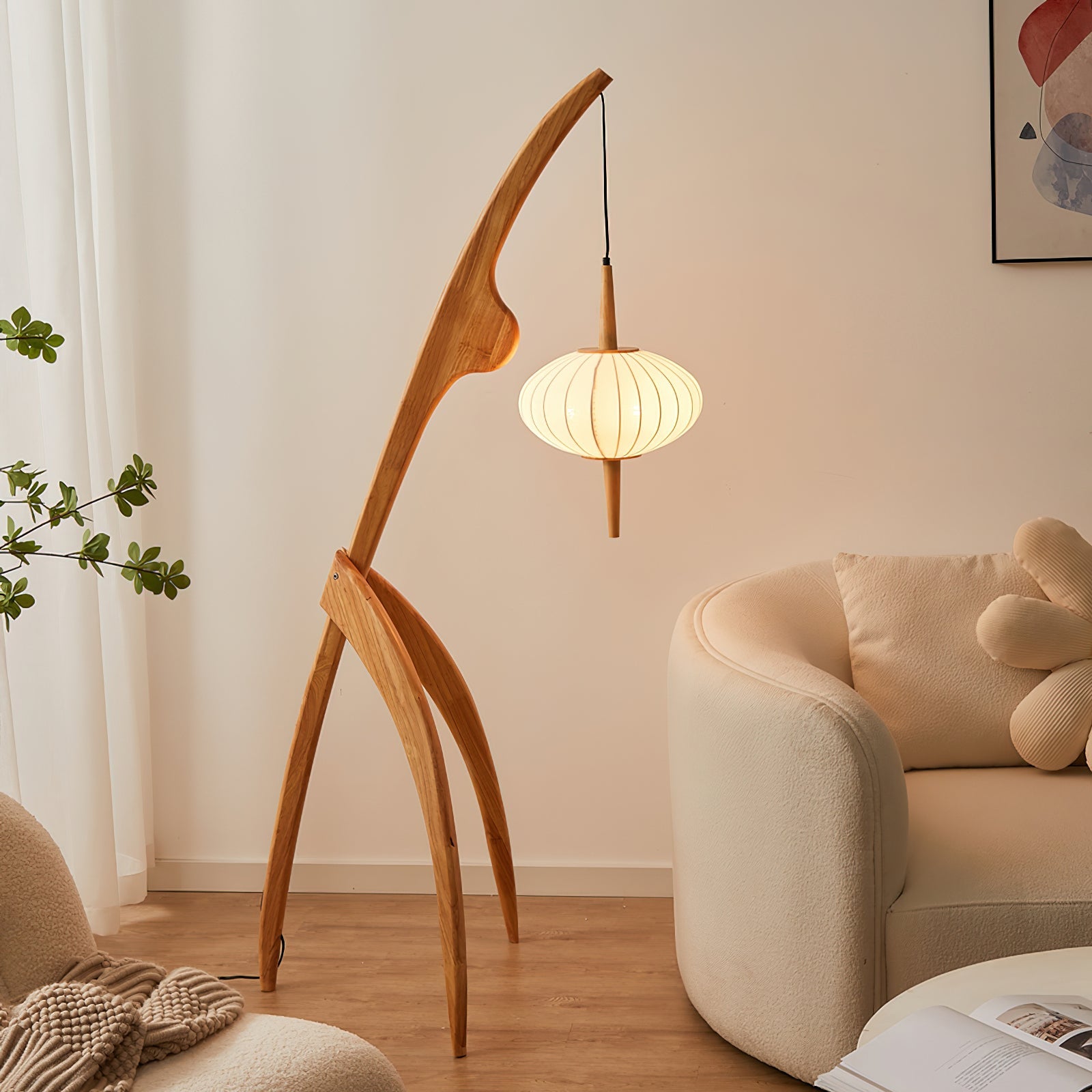 Stehlampe Stoff Holz Rund, Design Stehleuchte Skandinavisch E27