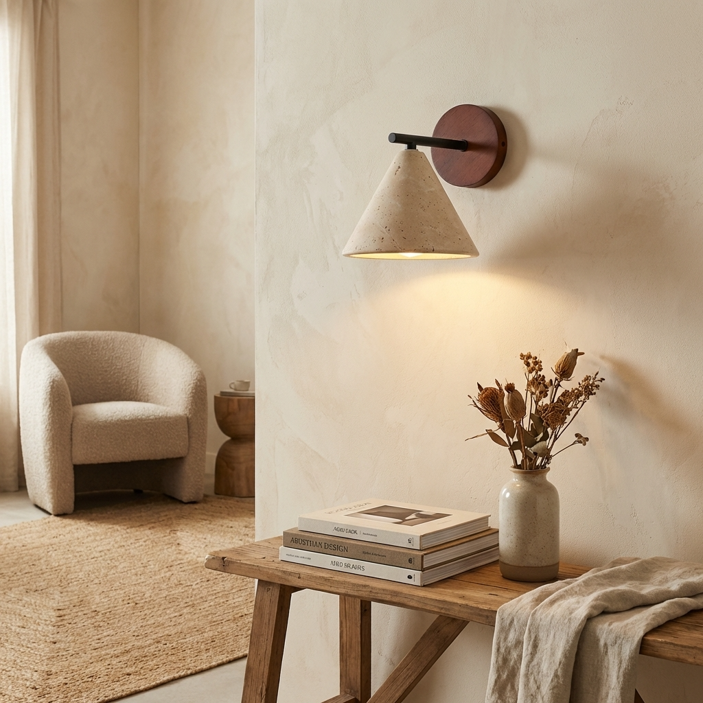 Travertin Wandleuchte Kegelform, Naturstein Design Wabi Sabi