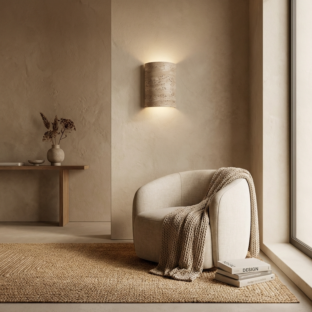 Wandleuchte Travertin Naturstein, Geschwungenes Design Warmweiß Indirekt