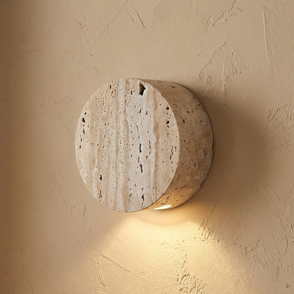Naturtravertin Rund-Wandleuchte mit Downlight