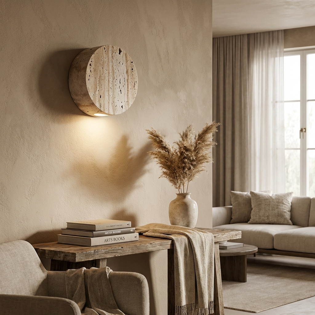 Naturtravertin Rund-Wandleuchte mit Downlight