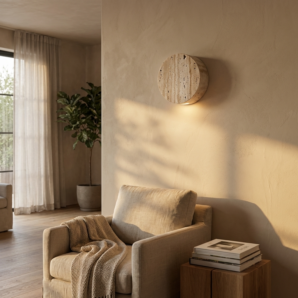 Naturtravertin Rund-Wandleuchte mit Downlight