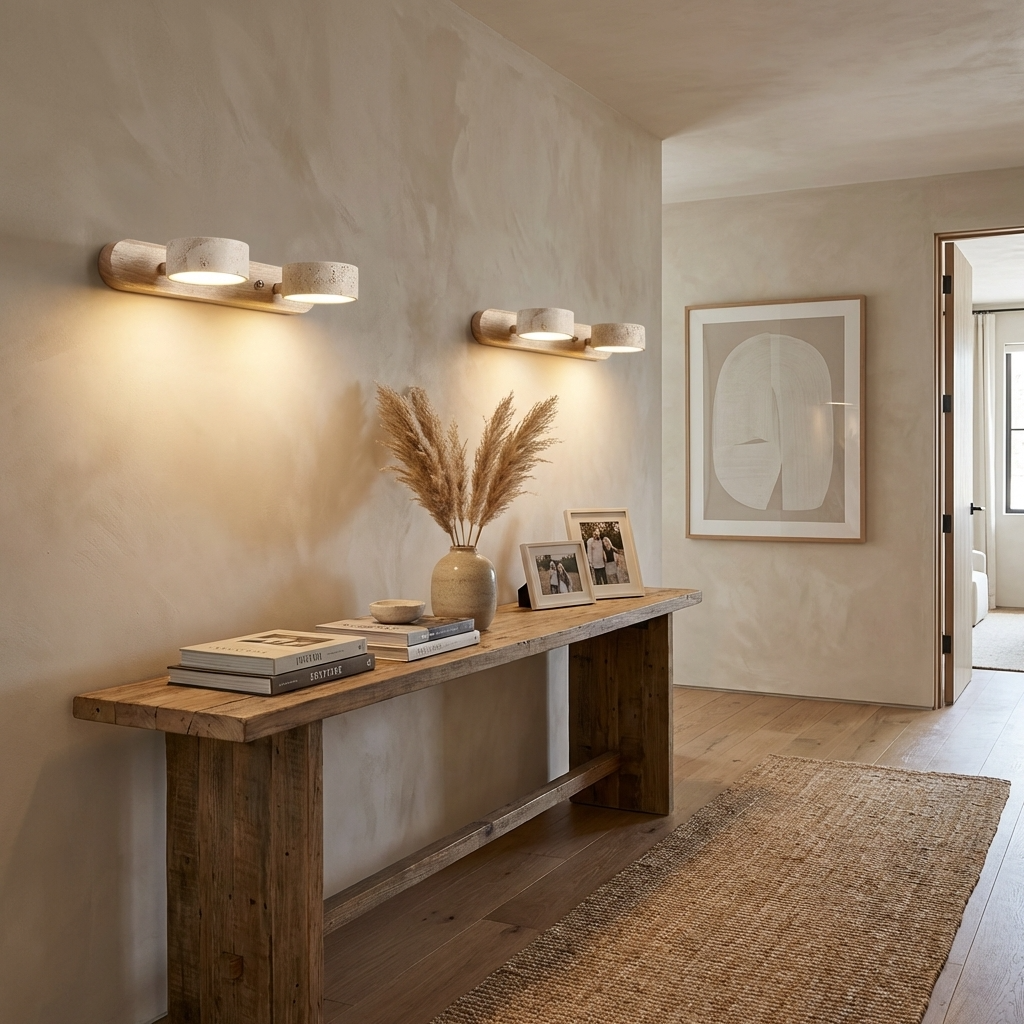 Wandleuchte Travertin Naturstein, Drehbarer Spot Wabi Sabi Holz Modern