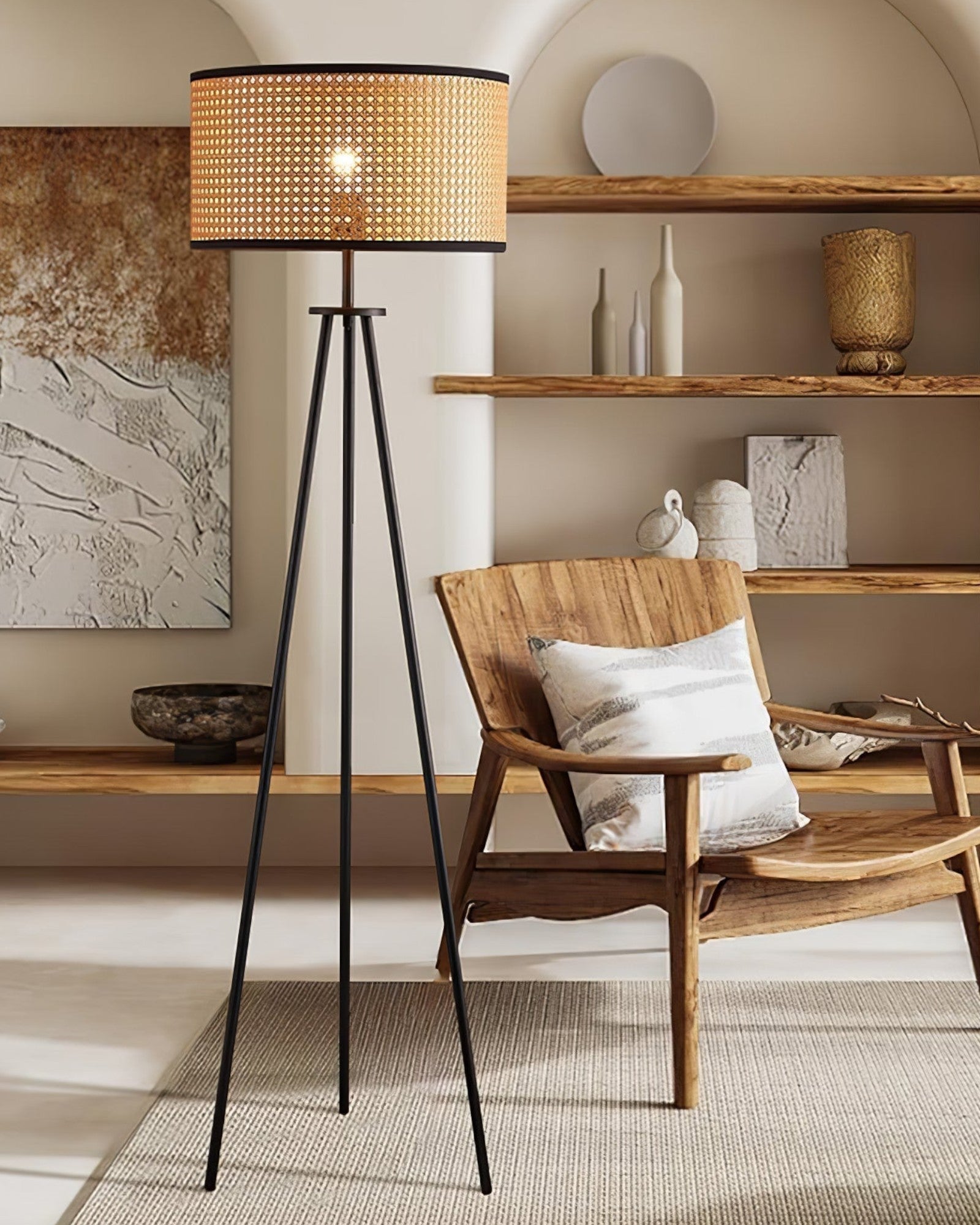 Rattan Stehlampe Dreibein, Moderne Stehleuchte Natur