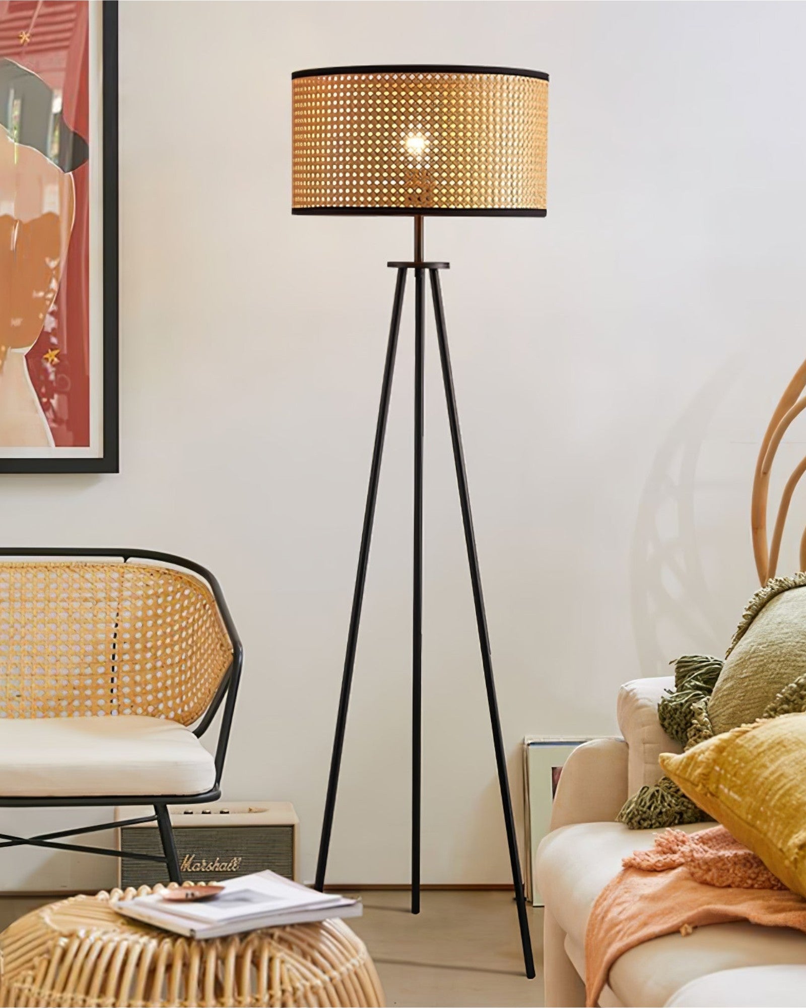 Rattan Stehlampe Dreibein, Moderne Stehleuchte Natur