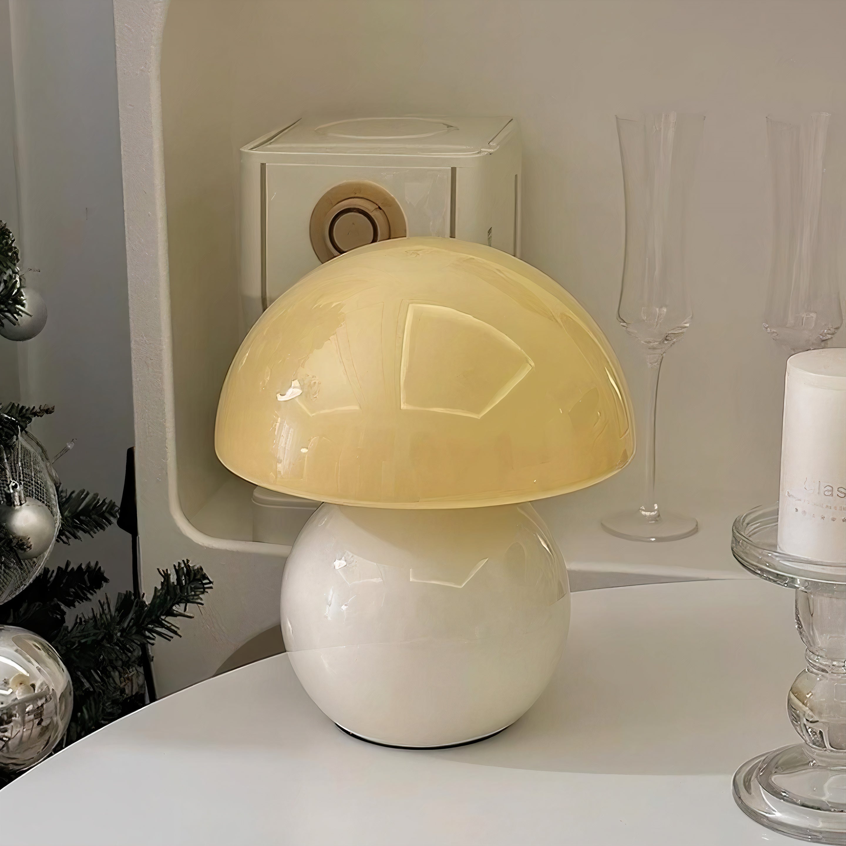 Pilz Tischlampe Glas, Retro Tischleuchte modern