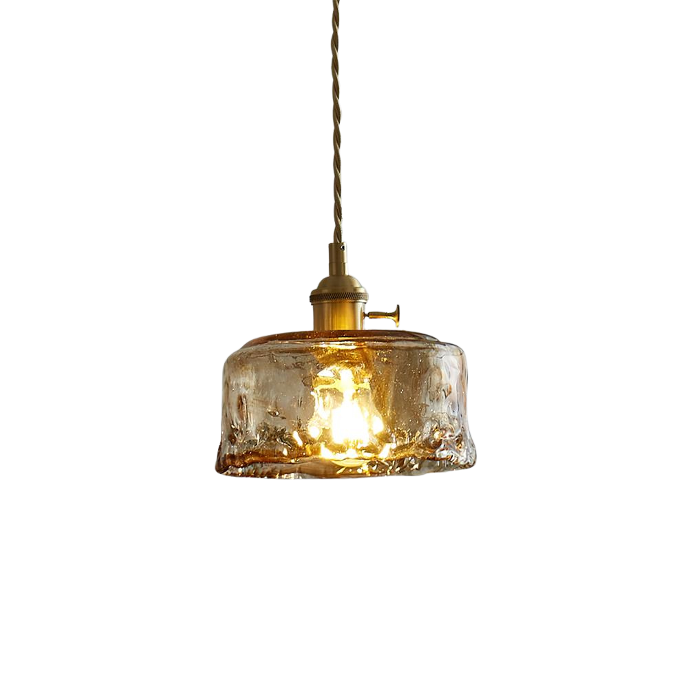Retro Pendelleuchte Glas Messing, Amber Geriffelt, Vintage Design Dimmbar
