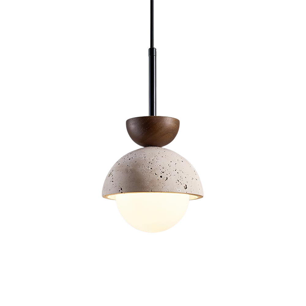 Travertin Pendelleuchte Massivholz Glas, Kugel Design Dimmbar Warmweiß