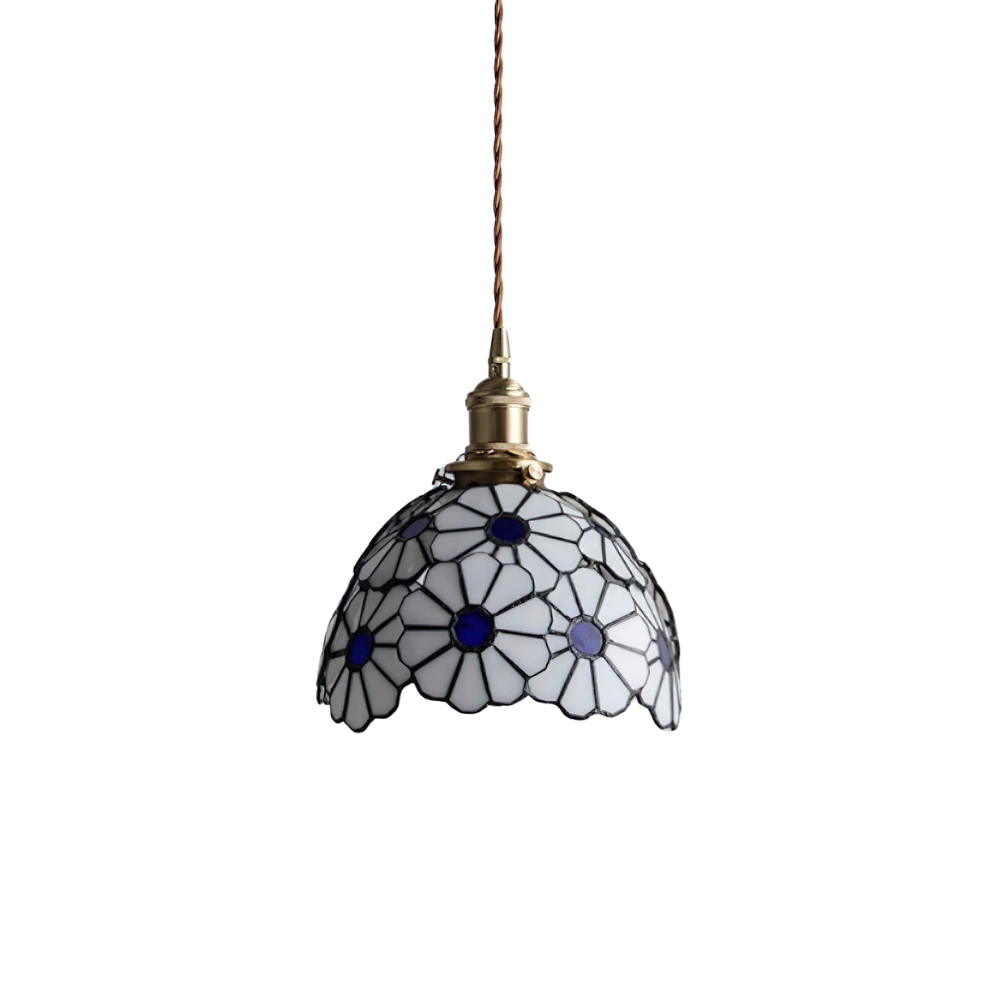 Buntglas Pendelleuchte Blumenform, Handgefertigt aus Messing, Vintage Dimmbar
