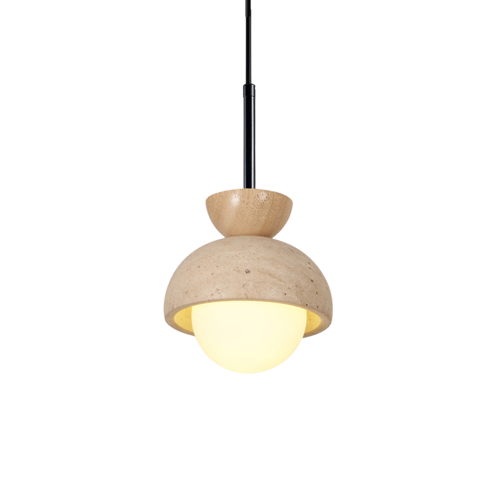 Travertin Pendelleuchte Massivholz Glas, Kugel Design Dimmbar Warmweiß
