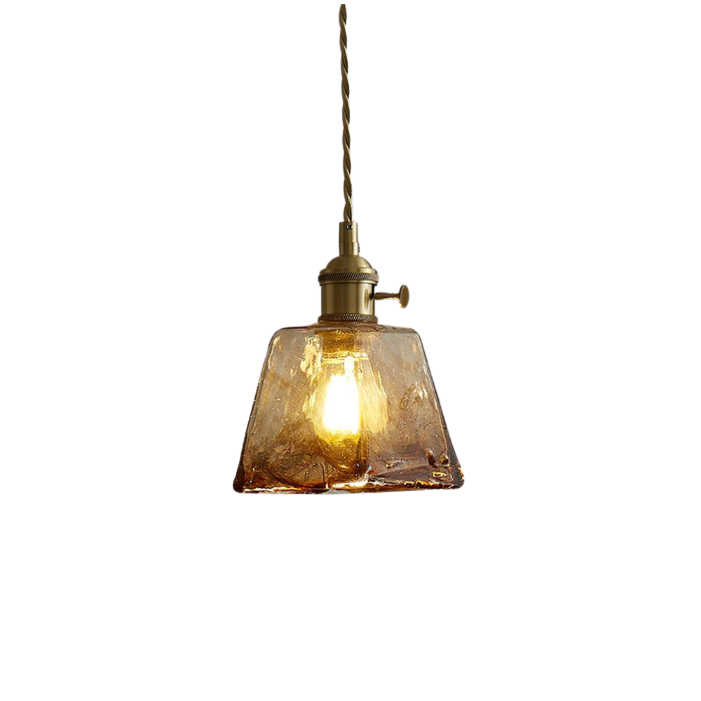 Retro Pendelleuchte Glas Messing, Amber Geriffelt, Vintage Design Dimmbar
