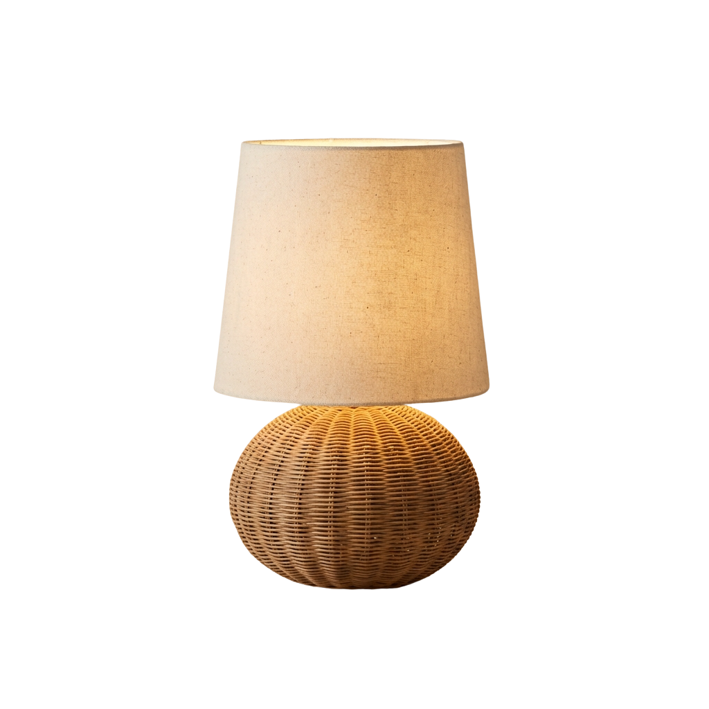 Rattan Tischlampe Handgefertigt, Wabi Sabi Design mit Stoffschirm E27