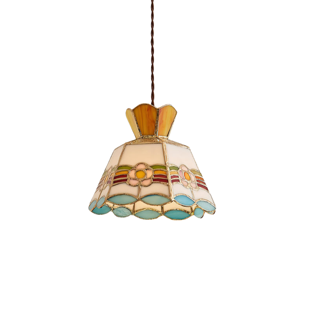 Tiffany Pendelleuchte Buntglas, Vintage Hängeleuchte Messing