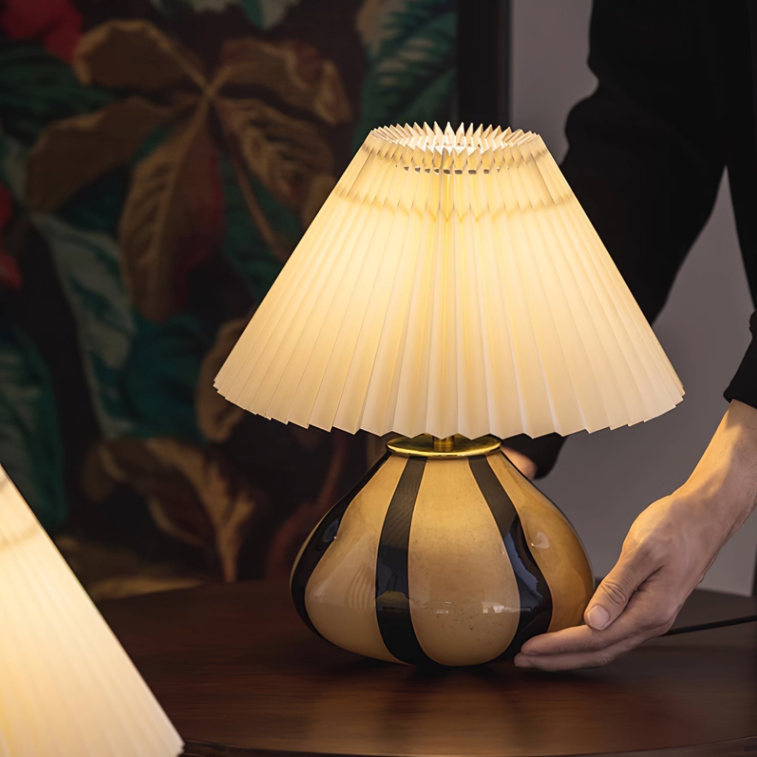 Tischlampe Stoff Plissee, Design Tischleuchte Glas E27