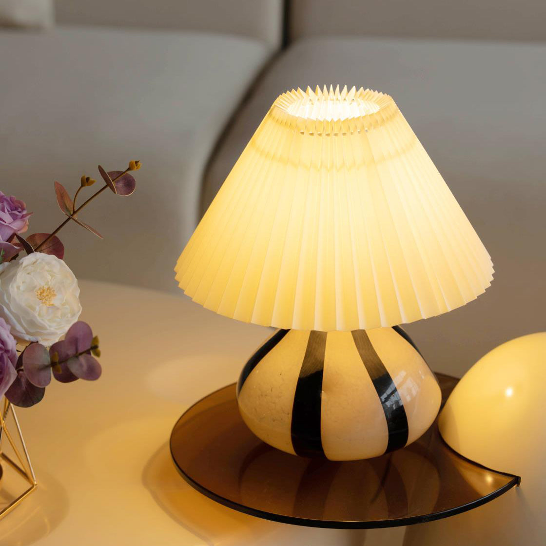 Tischlampe Stoff Plissee, Design Tischleuchte Glas E27
