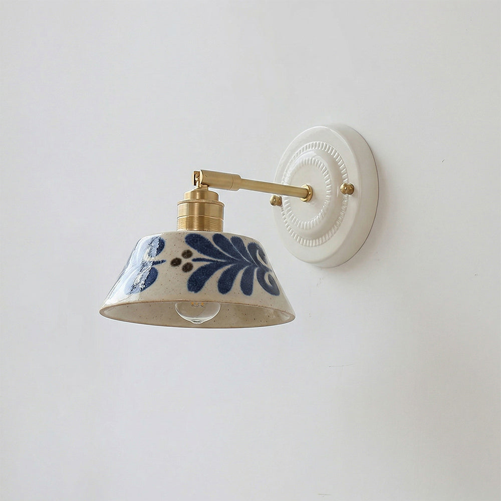 Wandleuchte Keramik Blumen Indigo, Design Wandlampe Messing E27