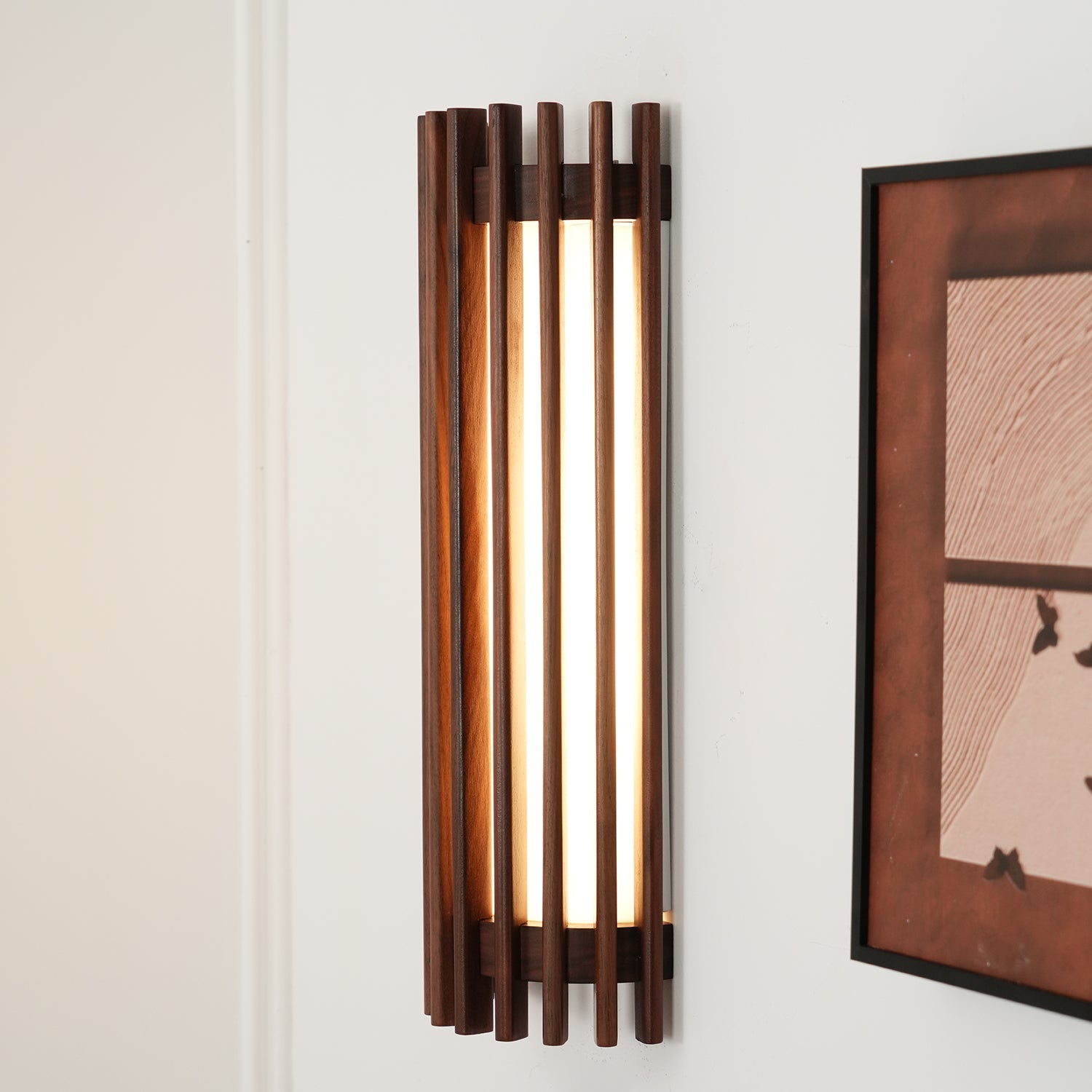 LED Wandleuchte Holz Walnuss Linear, Moderne Wandlampe 40 cm