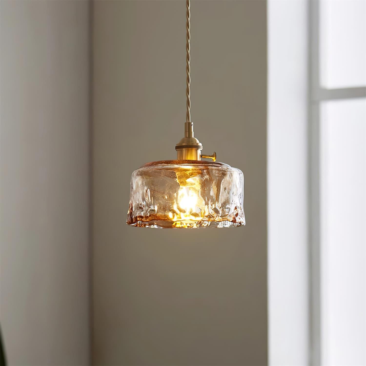 Retro Pendelleuchte Glas Messing, Amber Geriffelt, Vintage Design Dimmbar