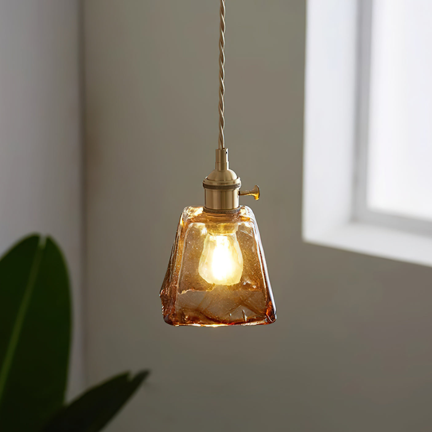 Retro Pendelleuchte Glas Messing, Amber Geriffelt, Vintage Design Dimmbar