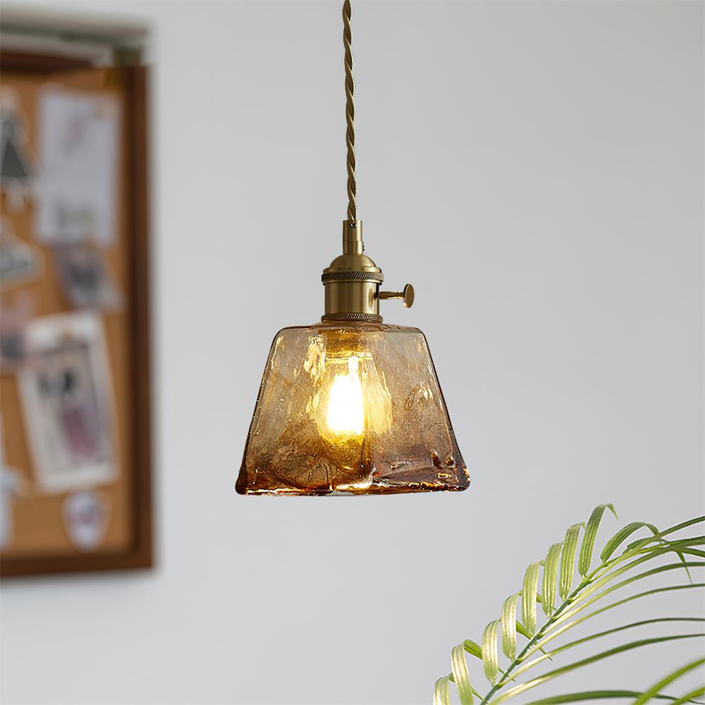 Retro Pendelleuchte Glas Messing, Amber Geriffelt, Vintage Design Dimmbar