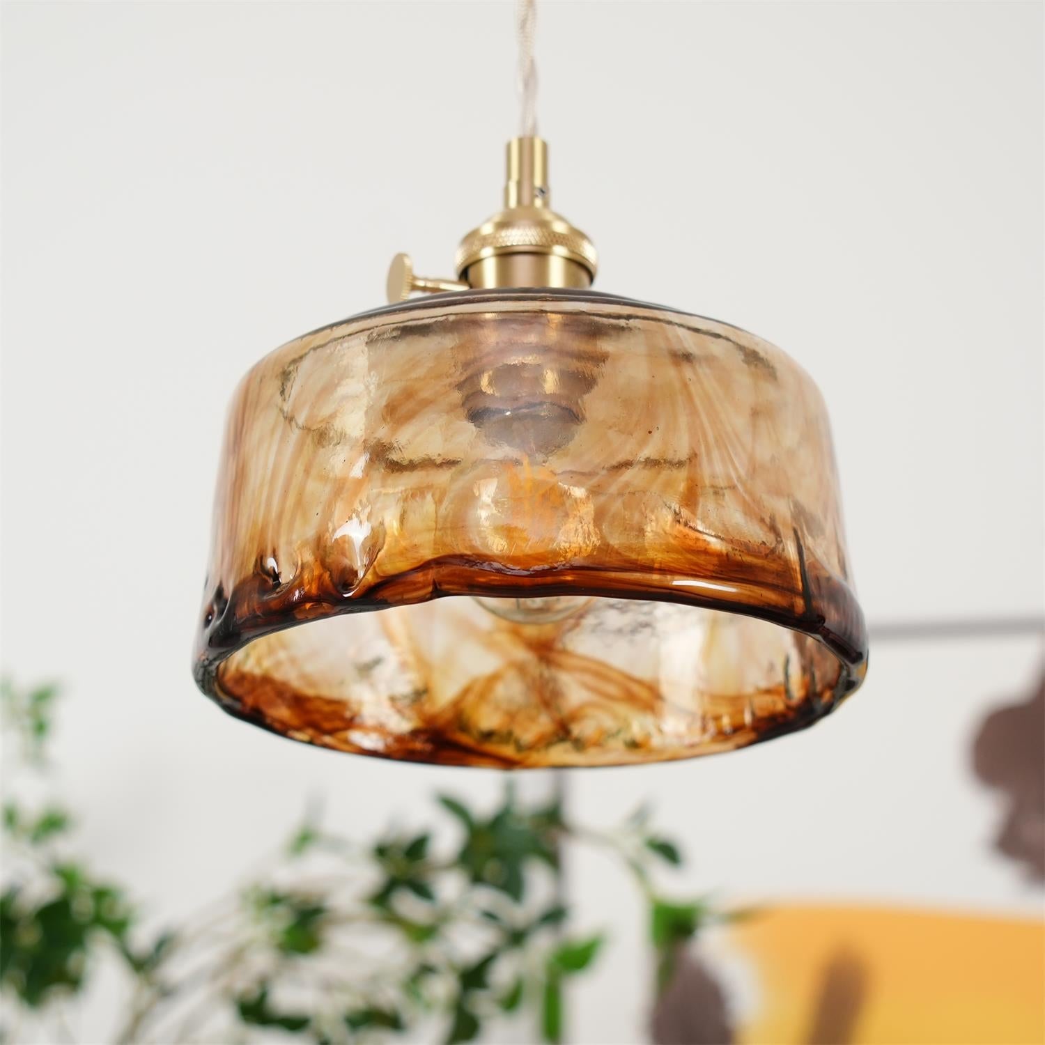 Retro Pendelleuchte Glas Messing, Amber Geriffelt, Vintage Design Dimmbar