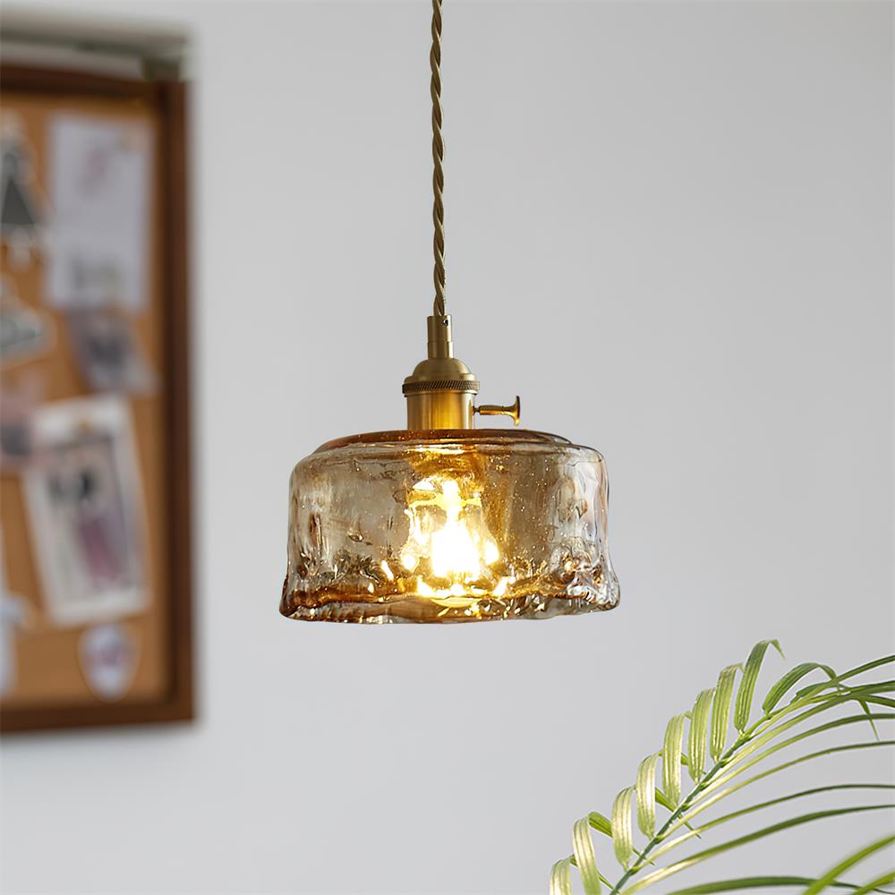 Retro Pendelleuchte Glas Messing, Amber Geriffelt, Vintage Design Dimmbar