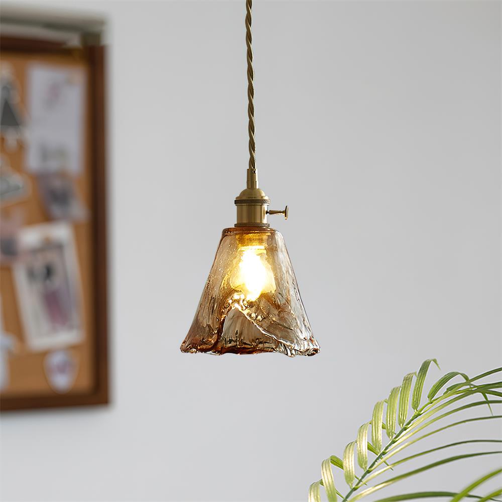 Retro Pendelleuchte Glas Messing, Amber Geriffelt, Vintage Design Dimmbar