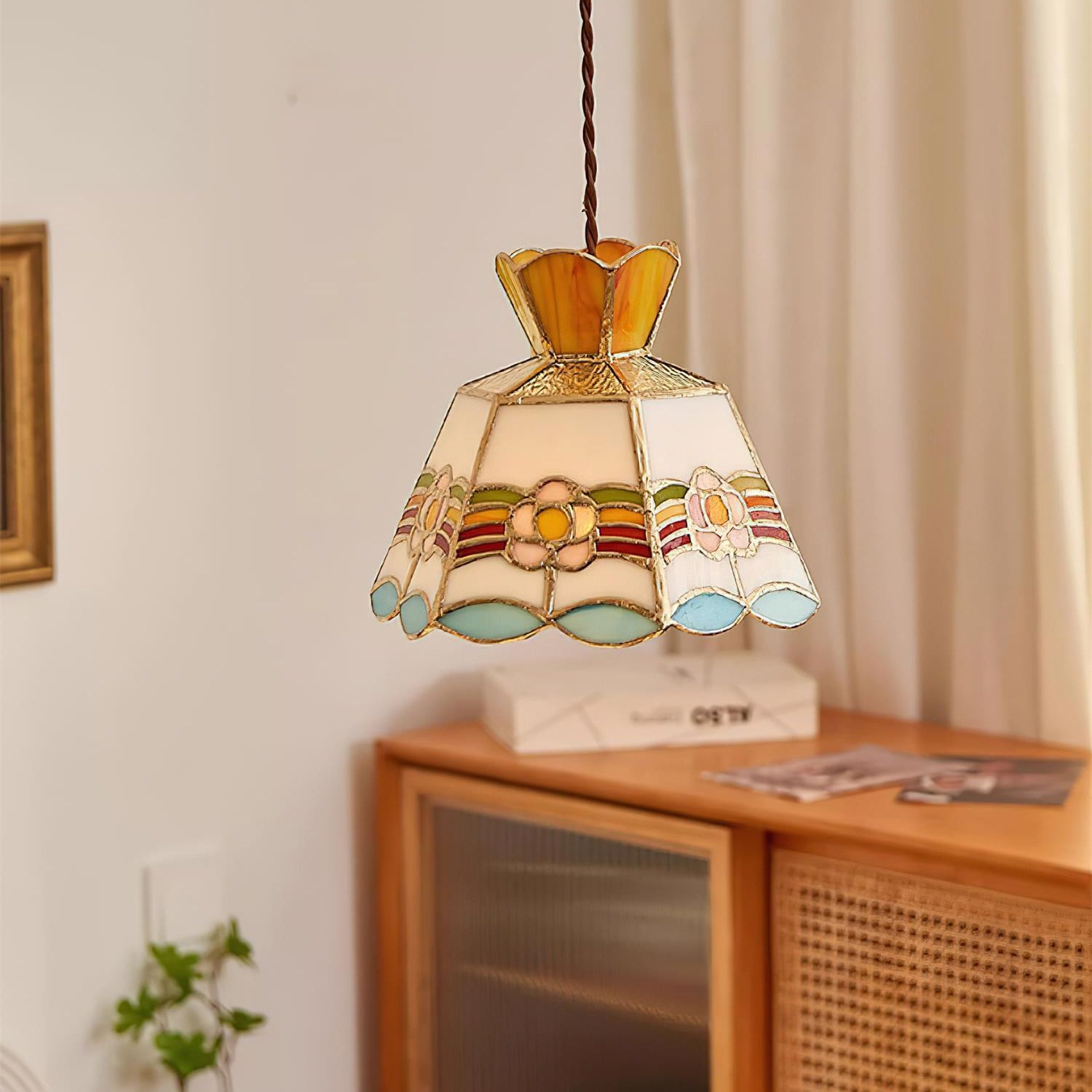 Tiffany Pendelleuchte Buntglas, Vintage Hängeleuchte Messing
