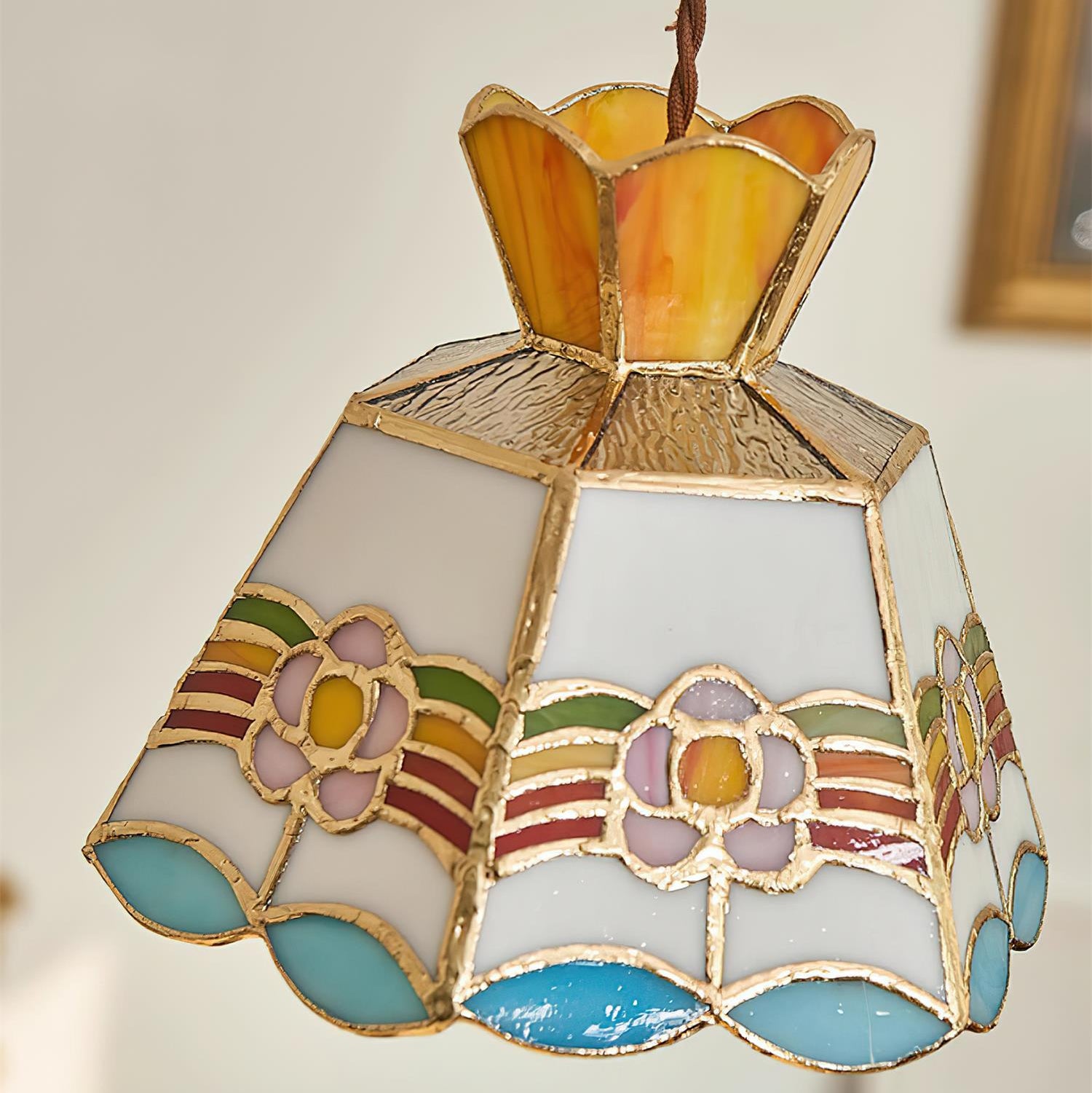 Tiffany Pendelleuchte Buntglas, Vintage Hängeleuchte Messing