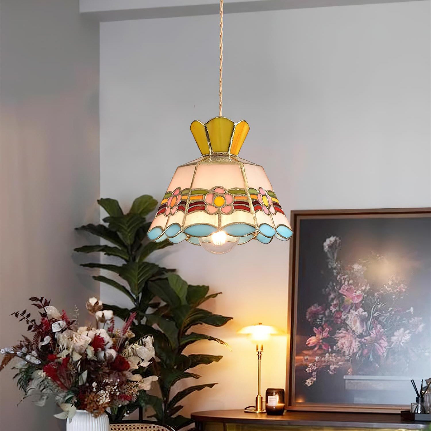 Tiffany Pendelleuchte Buntglas, Vintage Hängeleuchte Messing