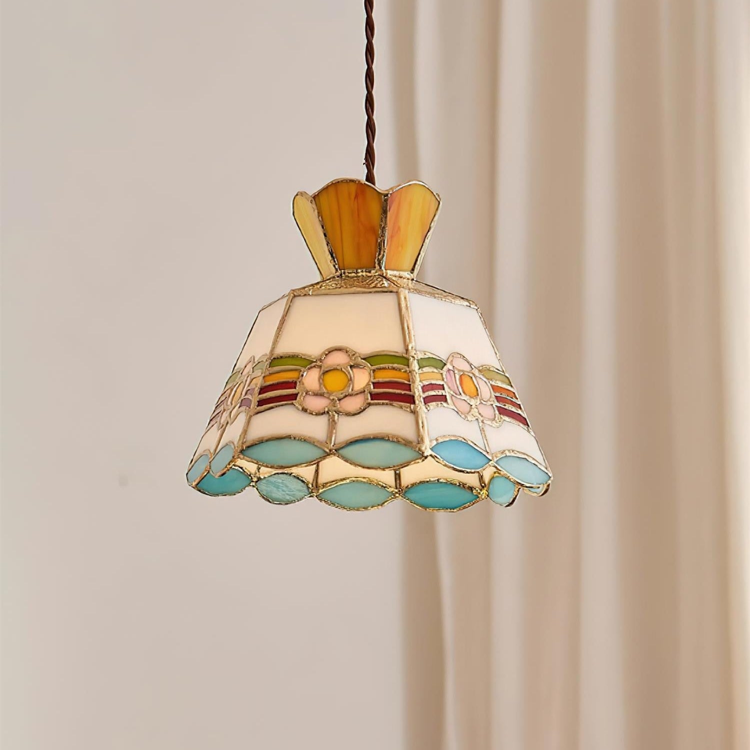 Tiffany Pendelleuchte Buntglas, Vintage Hängeleuchte Messing