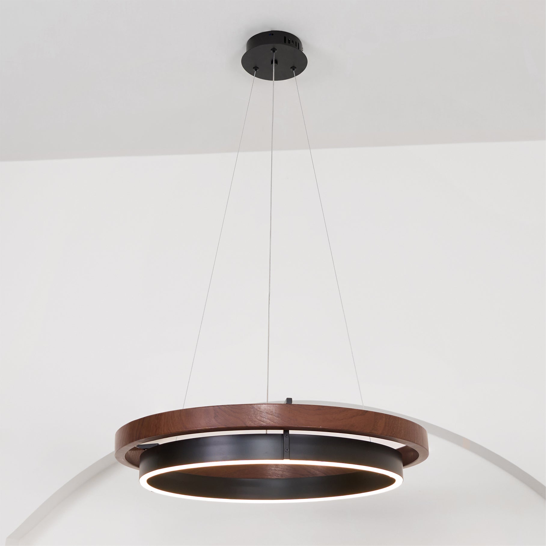 Pendelleuchte Walnuss Metall Ringförmig, Modernes LED Design