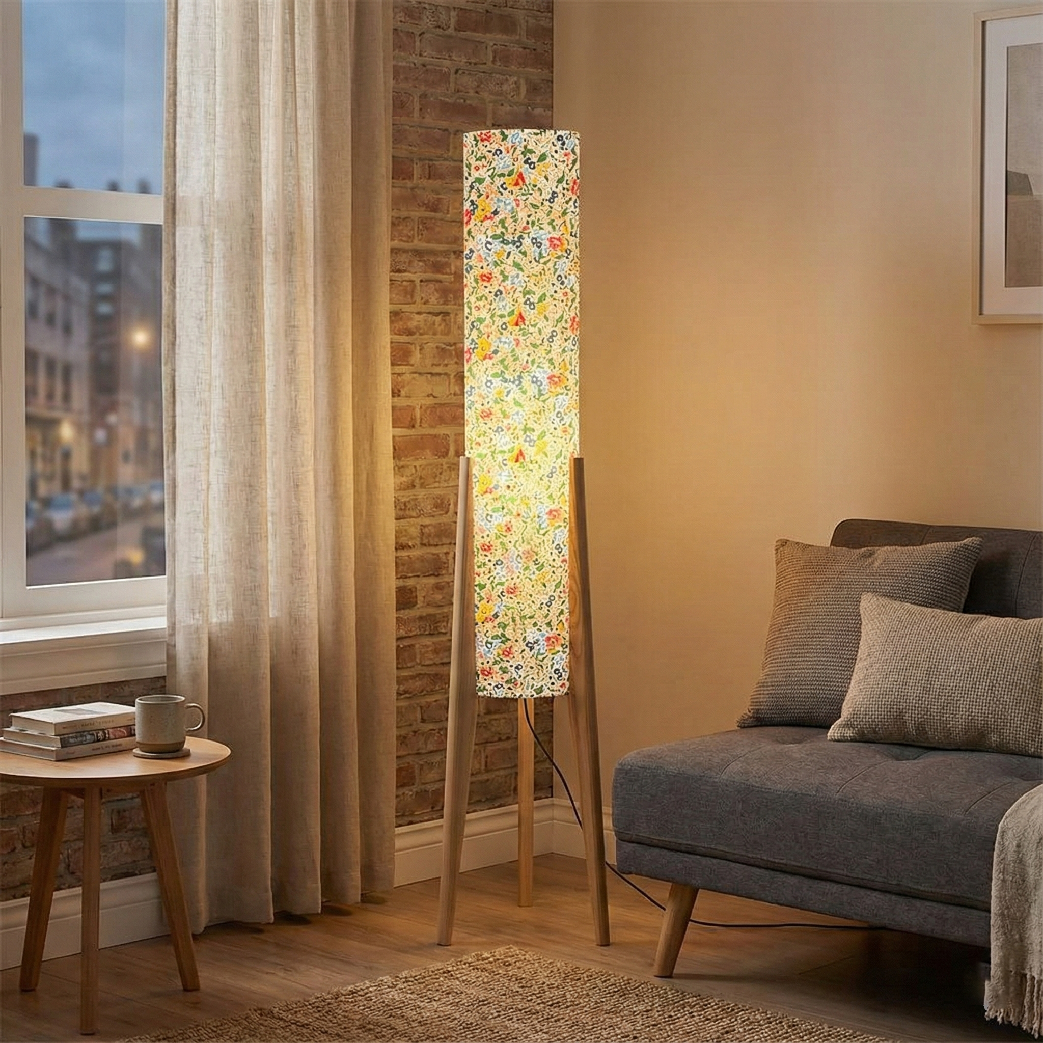 Stehlampe Blumen Stoff Holz Stativ, Design Stehleuchte E27